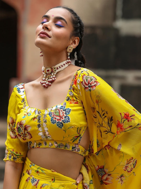 Scakhi Printed Mirror Work Ready to Wear Lehenga & Blouse With Dupatta