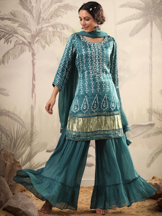 Scakhi Ethnic Motifs Printed Beads and Stones Pure Silk Kurti with Sharara & With Dupatta