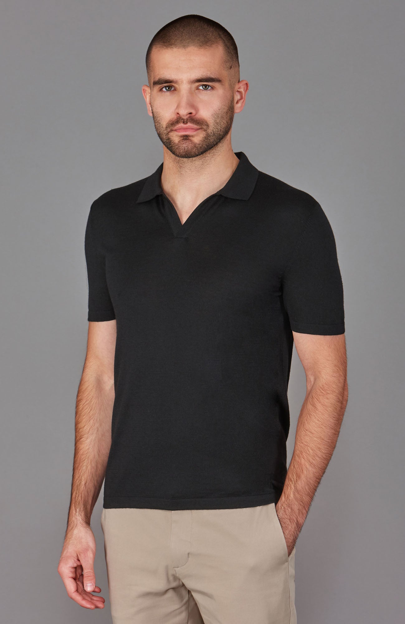 black mens open collar merino silk sweater