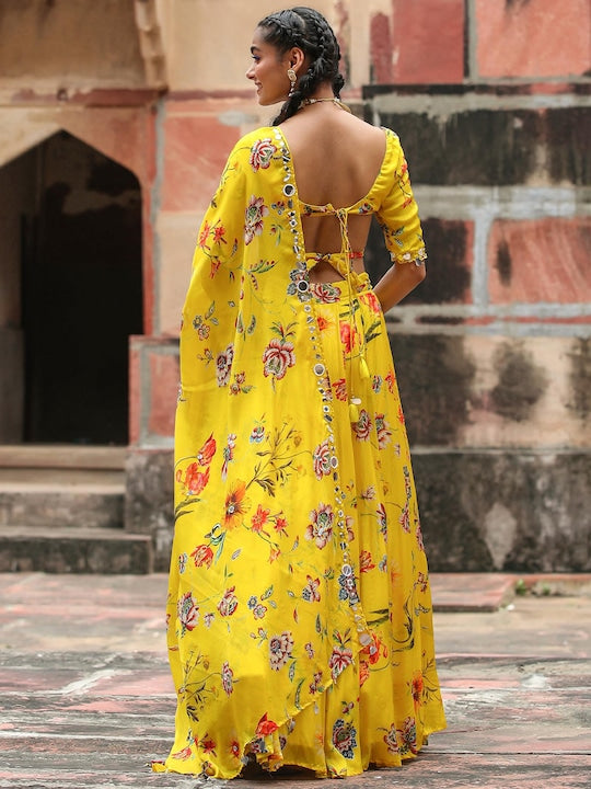 Scakhi Printed Mirror Work Ready to Wear Lehenga & Blouse With Dupatta