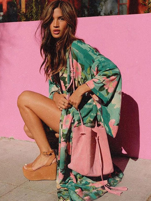 Boho Print Half Sleeve Long Kimono