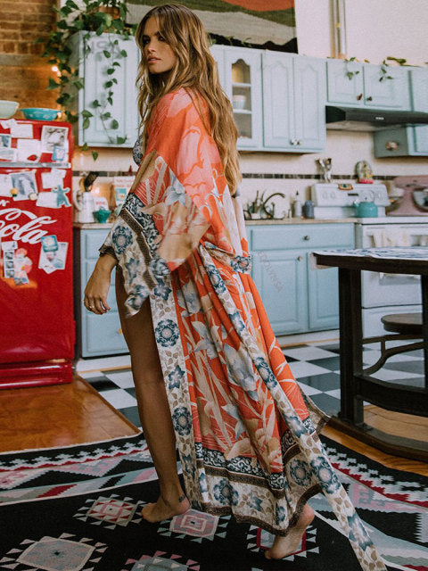 Boho Print Half Sleeve Long Kimono