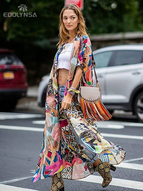 Boho Print Half Sleeve Long Kimono