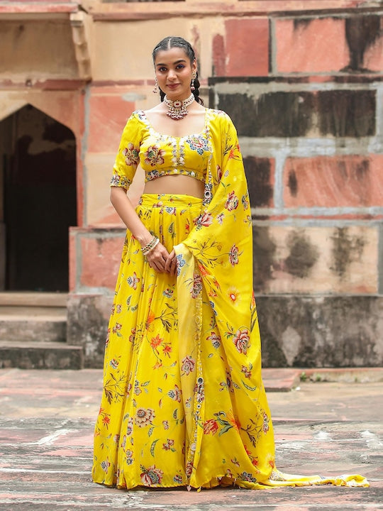 Scakhi Printed Mirror Work Ready to Wear Lehenga & Blouse With Dupatta
