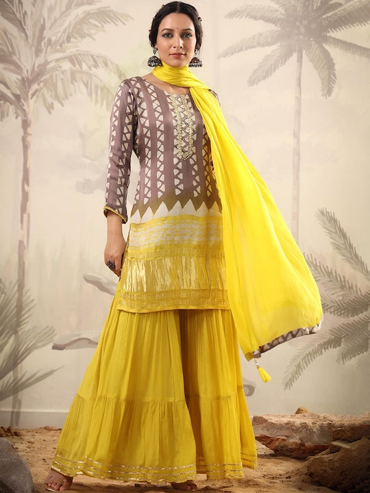 Scakhi Geometric Printed Beads and Stones Pure Silk Kurta with Sharara & With Dupatta