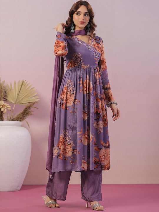Scakhi Floral Printed Angrakha Sequinned Silk Crepe Kurta with Trousers & With Dupatta