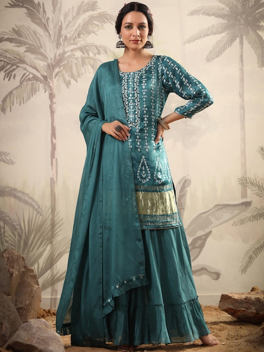 Scakhi Ethnic Motifs Printed Beads and Stones Pure Silk Kurti with Sharara & With Dupatta