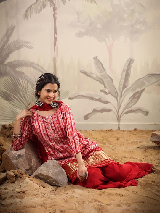 Scakhi Abstract Printed Beads and Stones Pure Silk Kurti with Palazzos & With Dupatta