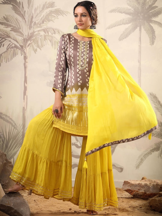 Scakhi Geometric Printed Beads and Stones Pure Silk Kurta with Sharara & With Dupatta