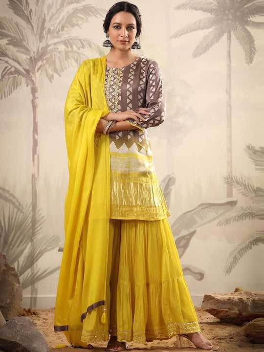 Scakhi Geometric Printed Beads and Stones Pure Silk Kurta with Sharara & With Dupatta