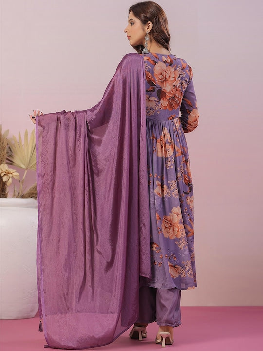 Scakhi Floral Printed Angrakha Sequinned Silk Crepe Kurta with Trousers & With Dupatta