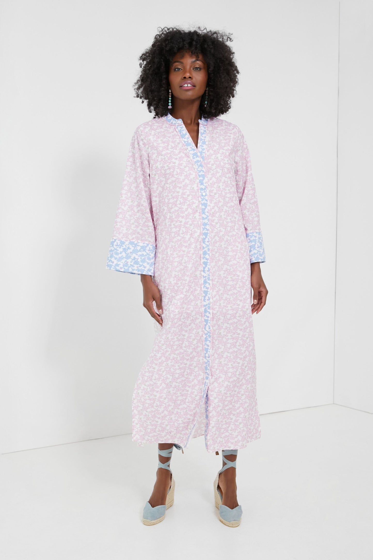Lilac Floral Lyford Caftan with Blue Floral Trim