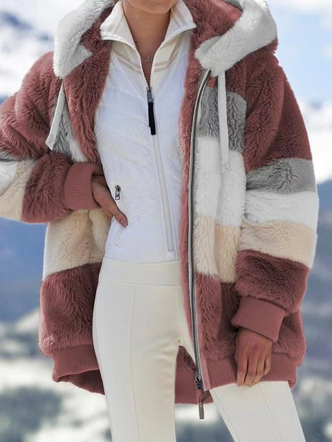 Warm Plush and Zipper Pocket Hooded Loose Jacket