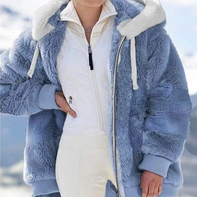 Warm Plush and Zipper Pocket Hooded Loose Jacket