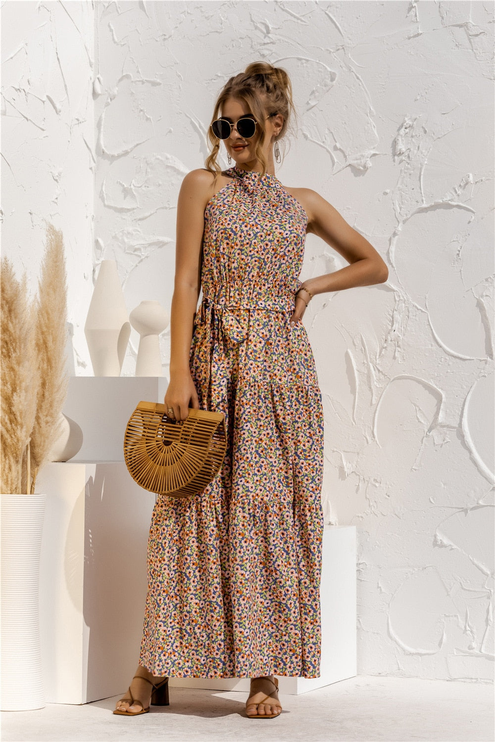 Polka Dot Print Casual Hanging Neck Off-shoulder Swing Dress