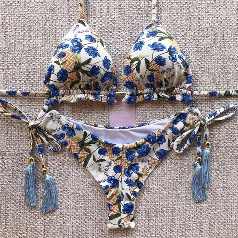 Summer String Brazillian Floral Two Piece Beachwear Set