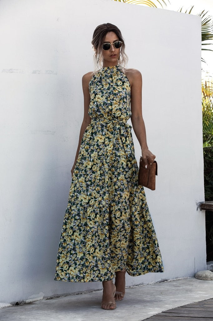 Polka Dot Print Casual Hanging Neck Off-shoulder Swing Dress