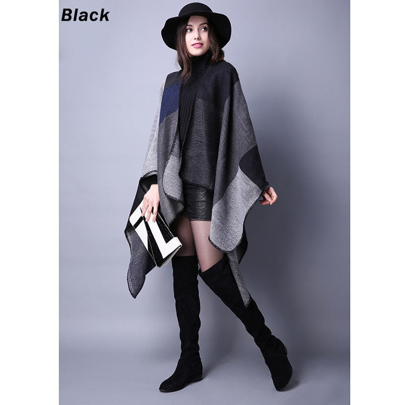 Women Plaid Thick Imitation Poncho Cashmere Cape