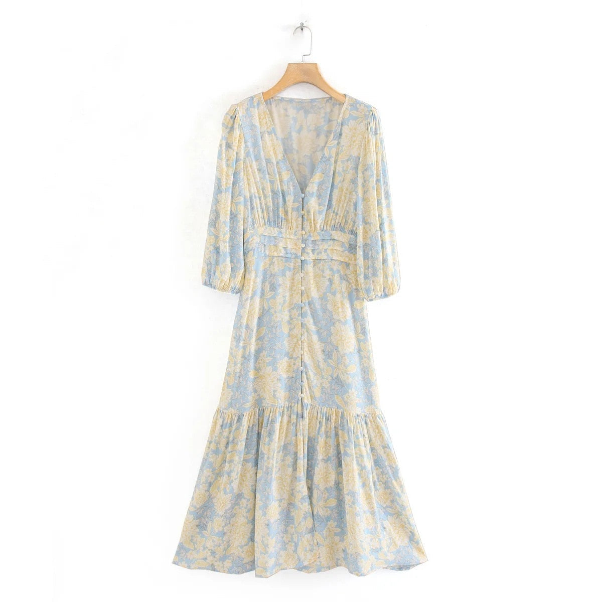 Elegant Floral Print Casual Long Sleeve Split Robe Dress