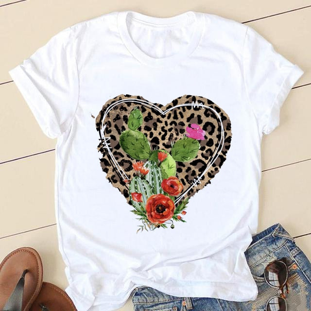 Short Sleeve Love Cartoon Print O-neck T-shirt - size small