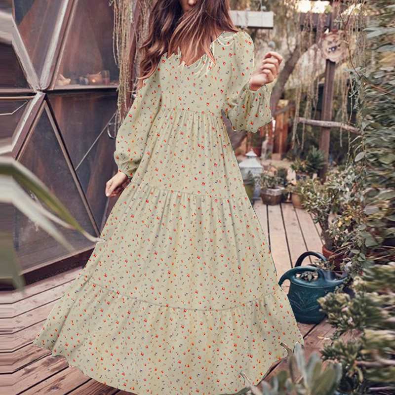 Fashion Ruffle Floral Print Tunic Maxi Dress