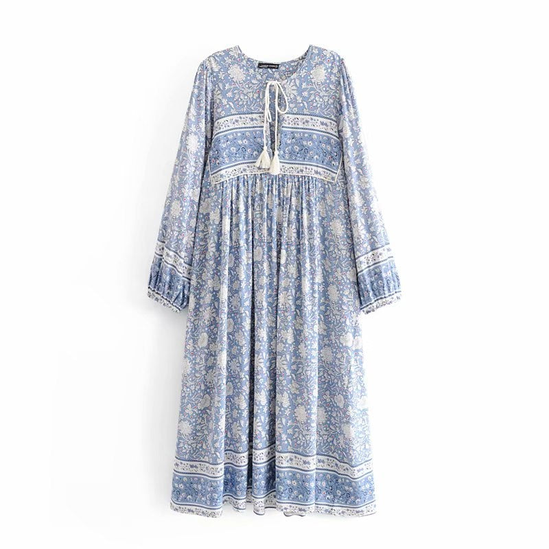 Floral Porcelain Long Sleeve Lace-up Tassel Rayon Dress
