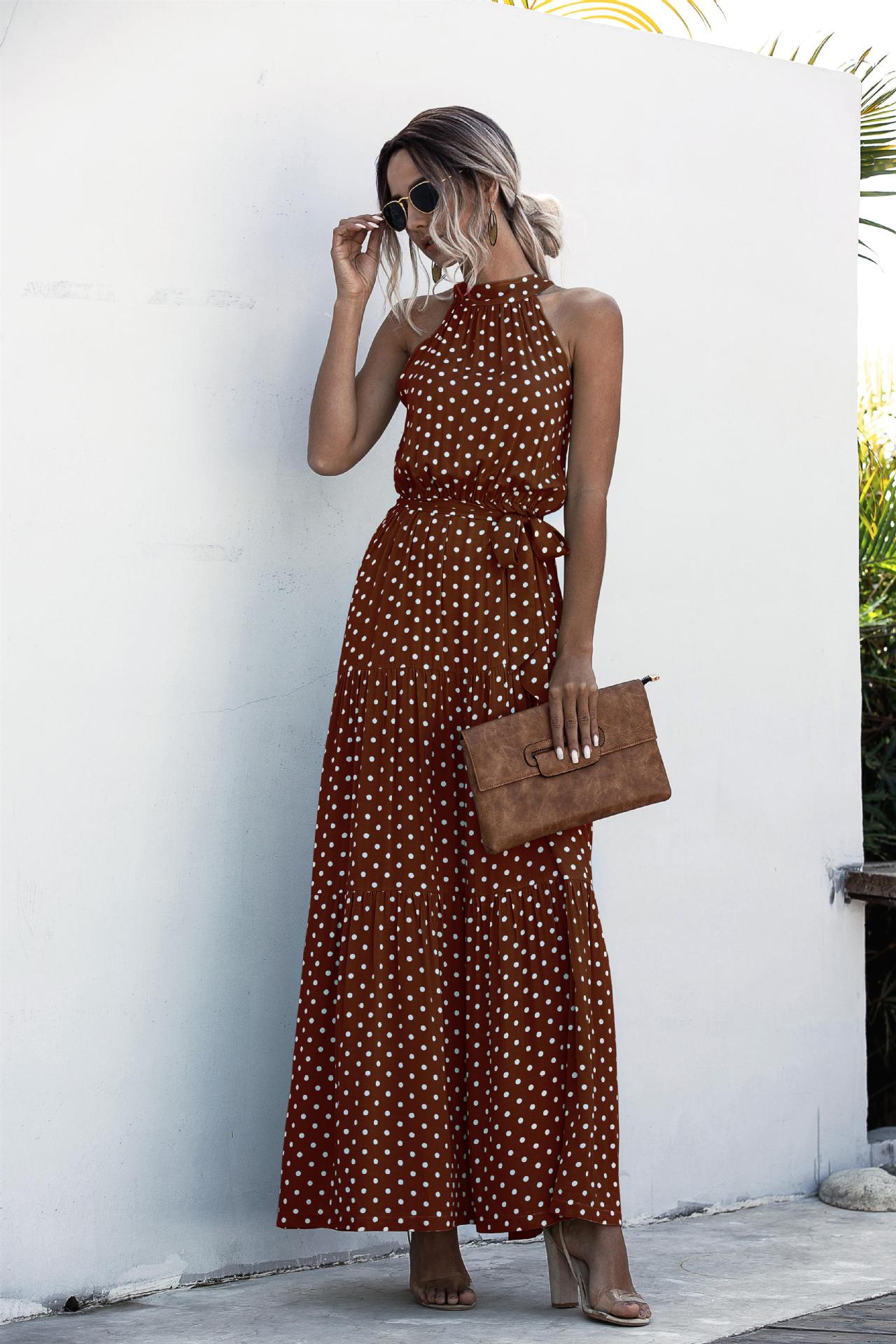 Polka Dot Print Casual Hanging Neck Off-shoulder Swing Dress