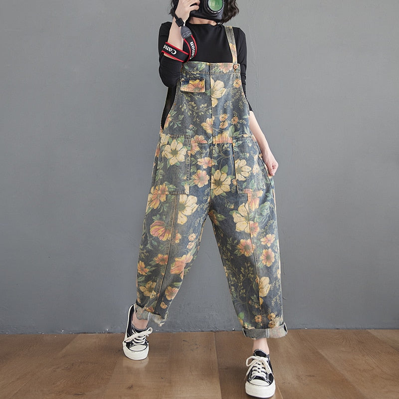 Floral Denim Casual Loose Plus Size Baggy Pants
