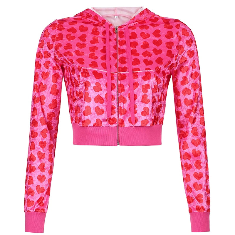 Heart Print Hooded Velvet Cropped Jacket Women Zip Up Cardigan Casual Harajuku Pink Coat Overshirt Sping Autumn 90s Iamhotty - YourStore