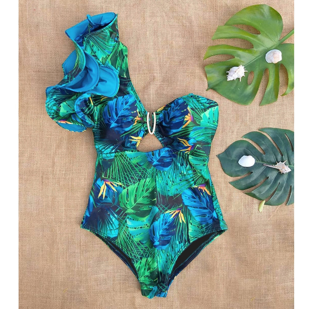 Floral Backless One-Shoulder Strap Swimsuit