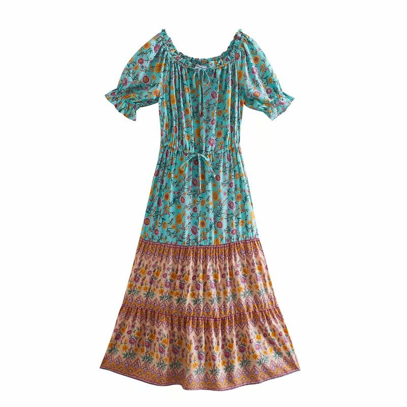 Floral Print Short Sleeve Beach Off Shoulder Boho Dress