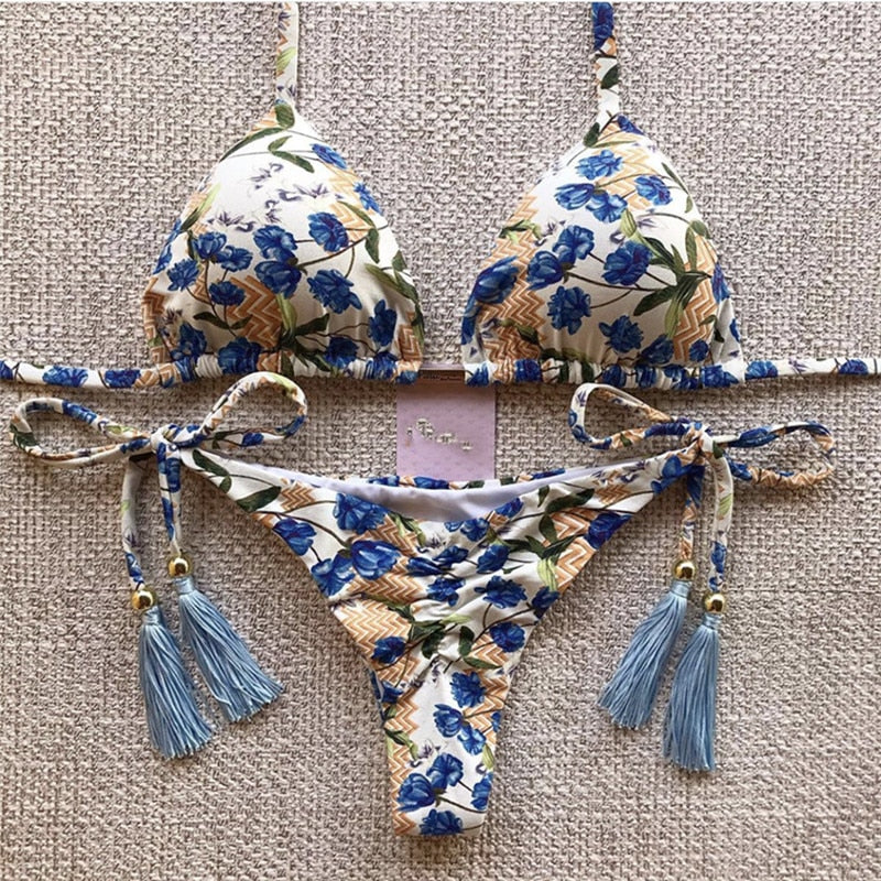 Summer String Brazillian Floral Two Piece Beachwear Set
