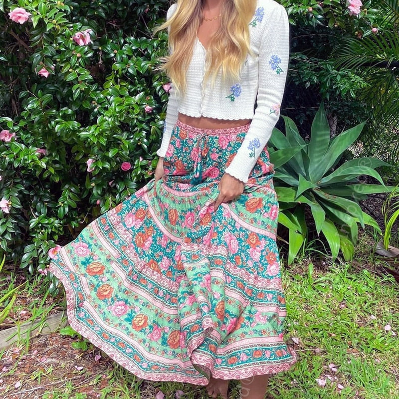 Boho A-Line Elastic Waist Long Skirt