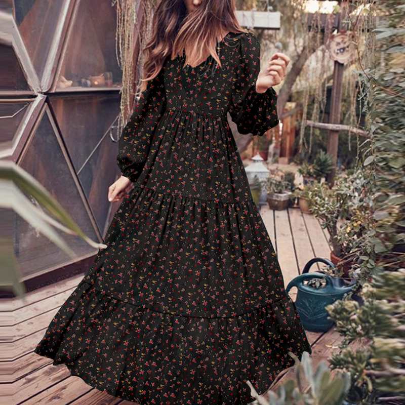 Fashion Ruffle Floral Print Tunic Maxi Dress
