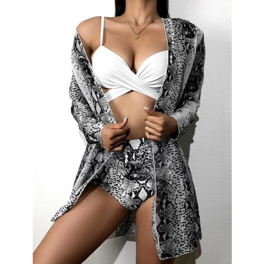 Women Printed High Waist Sexy Bikini And Cover Set - Large