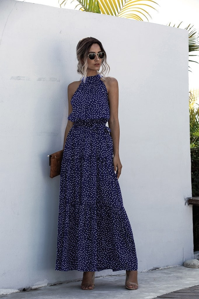 Polka Dot Print Casual Hanging Neck Off-shoulder Swing Dress
