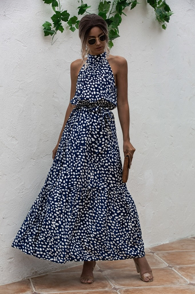 Polka Dot Print Casual Hanging Neck Off-shoulder Swing Dress