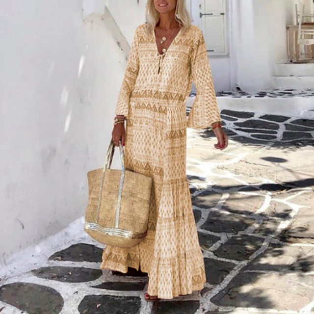 Geometric Elegant Flare Sleeve Maxi Long Beach Dress