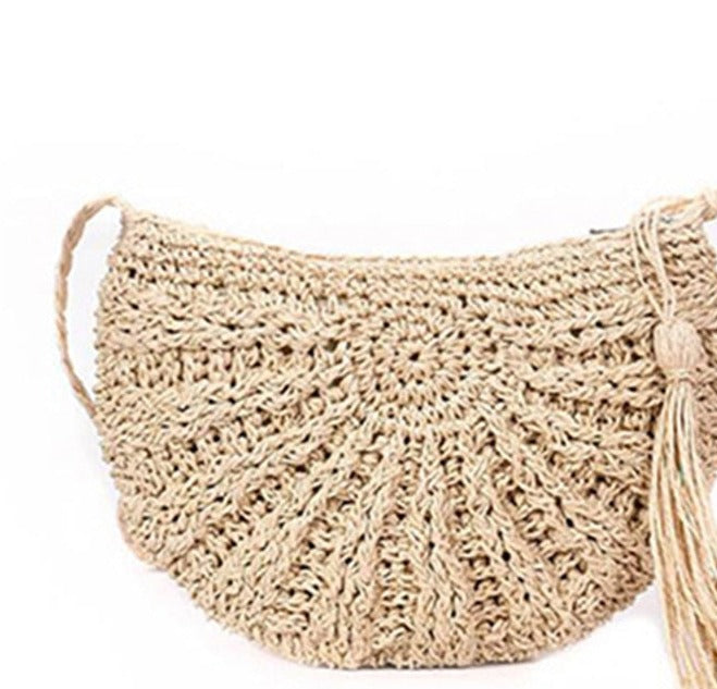 Handmade Rattan Straw Half Moon Round Handbag