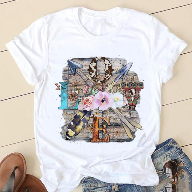 Short Sleeve Love Cartoon Print O-neck T-shirt - size small