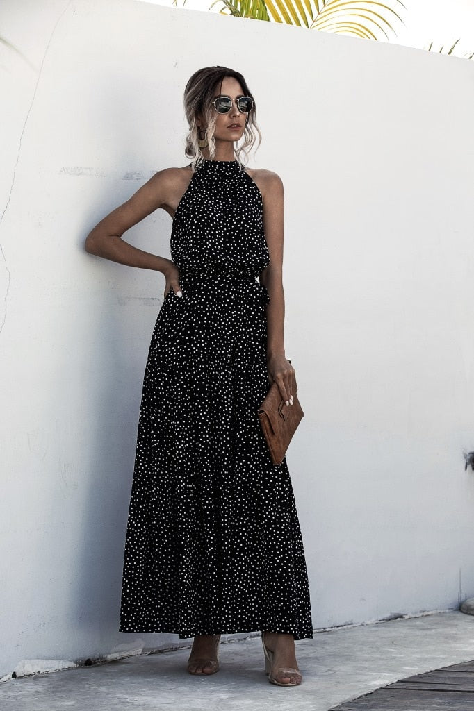 Polka Dot Print Casual Hanging Neck Off-shoulder Swing Dress
