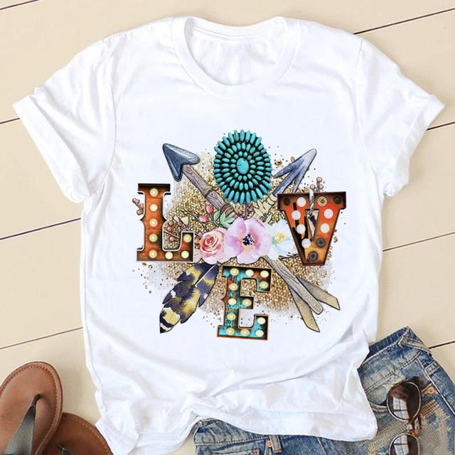 Short Sleeve Love Cartoon Print O-neck T-shirt - size small