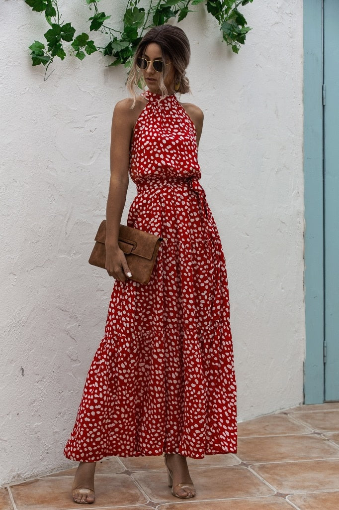 Polka Dot Print Casual Hanging Neck Off-shoulder Swing Dress