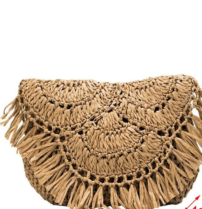 Handmade Rattan Straw Half Moon Round Handbag
