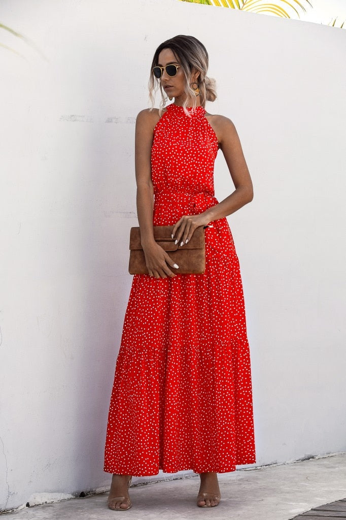 Polka Dot Print Casual Hanging Neck Off-shoulder Swing Dress