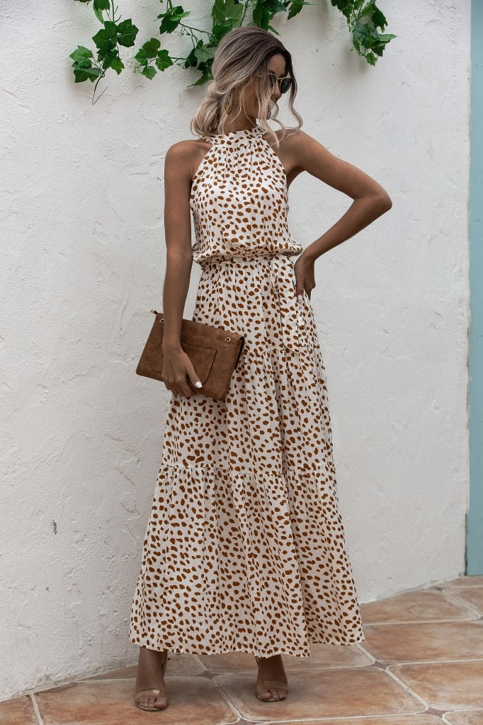 Polka Dot Print Casual Hanging Neck Off-shoulder Swing Dress
