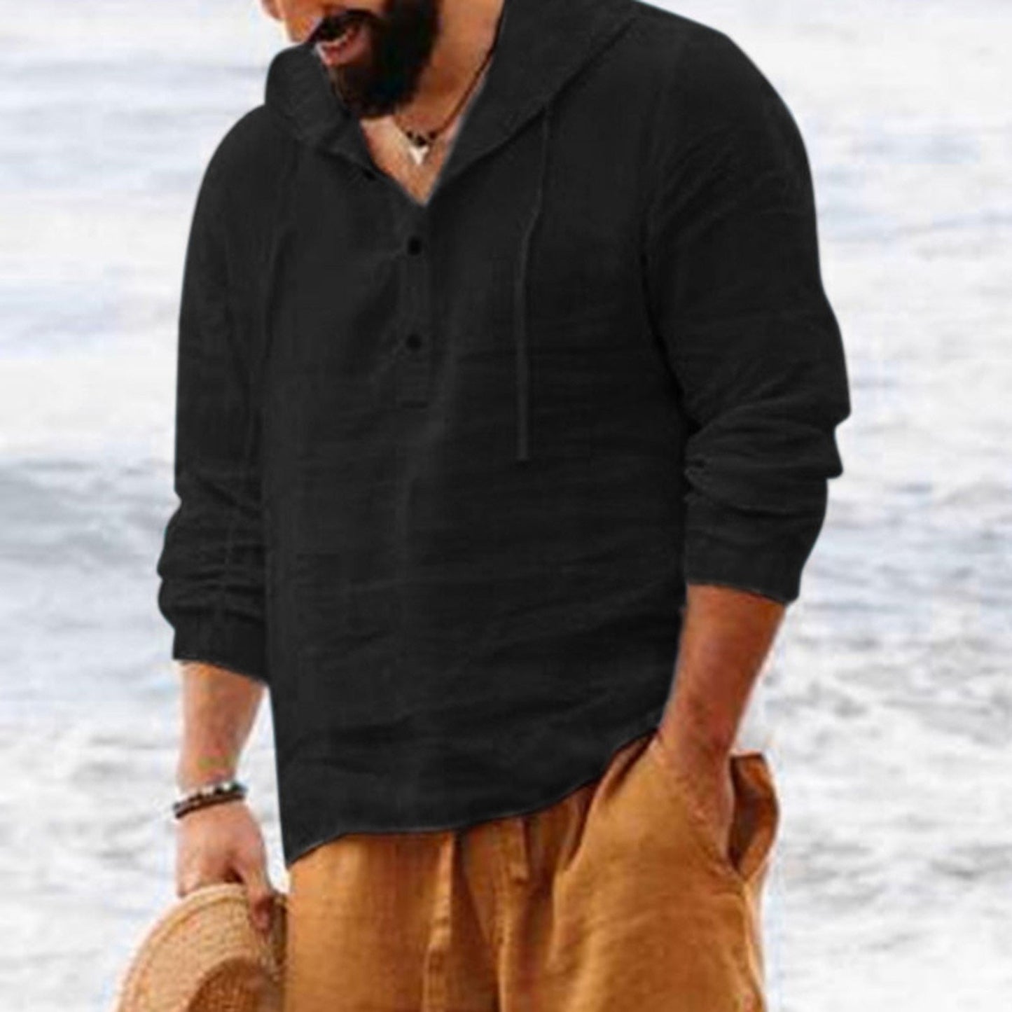 Autumn Hooded Solid Color Cotton Buttons Beach Shirt