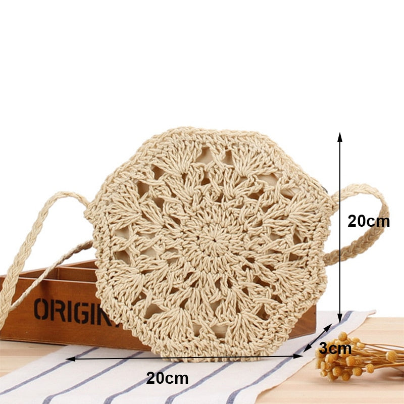 Handmade Rattan Straw Half Moon Round Handbag