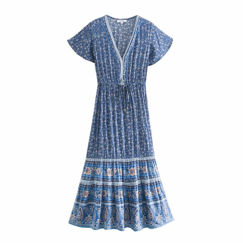 Floral Ladies Deep V Neck Button Rayon Maxi Pleated Dress