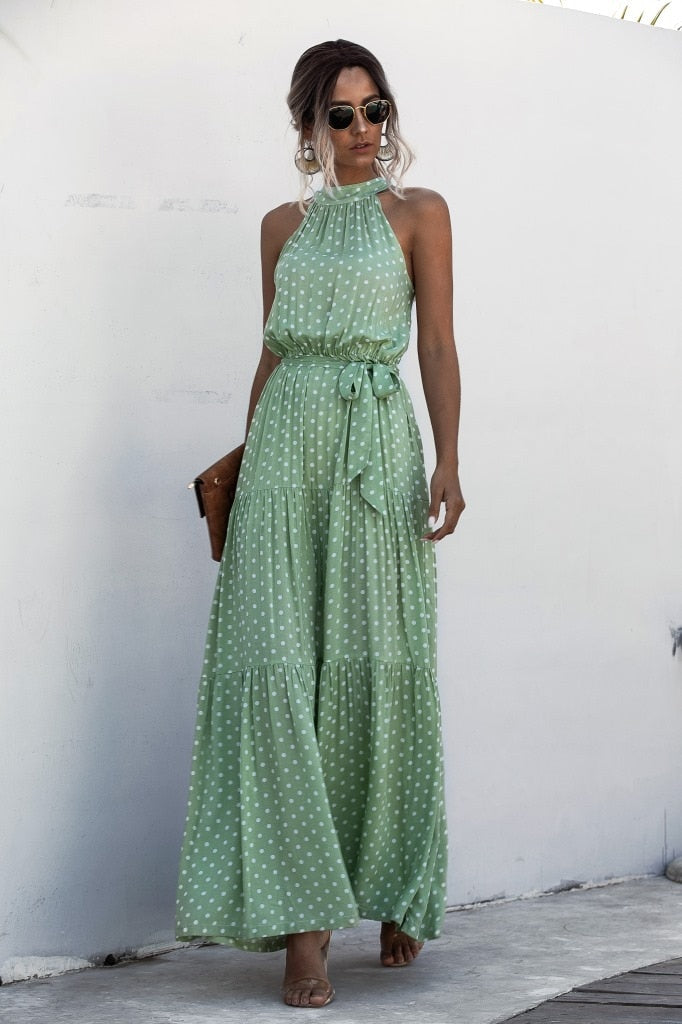 Polka Dot Print Casual Hanging Neck Off-shoulder Swing Dress